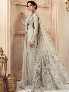 Sari en soie gris élégant avec broderie pour femme, prêt-à-porter, pour mariage et fêtes, vêtements indiens et pakistanais, longueur au sol - Product Image 4