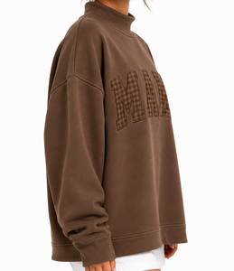 Felpa oversize da donna <span class=keywords><strong>MAMA</strong></span> con collo alto, personalizzata con patchwork a quadri Gingham, stile college casual streetwear - Product Image 3