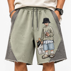 Shorts Bermuda pour Homme Imprimés Personnages de Dessins Animés, Taille Mi-Haute, Cordon de Serrage, Décontractés en Coton avec Patchs, Effet Délavé à l'Acide - Product Image 6