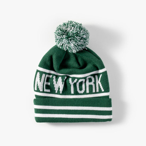<b>Green</b> Knitted <b>Beanie</b> With White New York Lettering And Pom Pom Unisex Winter Hat Casual Style Adult Size 56-58CM - Product Image 1