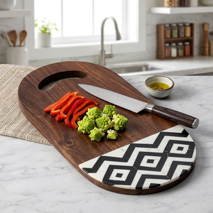 Walnut Chopping <b>Board</b> Smooth Oval Profile Strikingly Accented By A <b>Black</b> And White Geometric Base Pattern For Cutting Vegies - Product Image 6