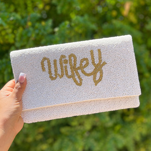 Wifey Handmade Fashion Wedding <b>Gift</b> <b>Bag</b> Seed Beads Clutch Magnetic Closure Durable Foldable Shoulder Strap Casual Handbags - Product Image 6