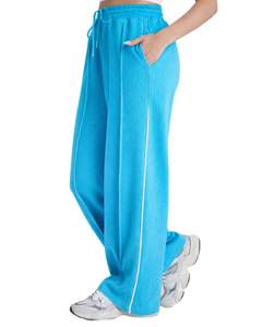 Pantalones de chándal de forro polar azul cielo para mujer, de pierna ancha, con ribete lateral, cintura elástica con cordón, ajuste holgado informal, estilo jogger, para estar en casa - Product Image 1