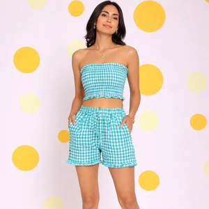 Women Blue Gingham Bohemian 2 Piece <b>Set</b> Strapless Smocked Tube Top High Waist Ruffle Shorts Casual Summer Beach <b>Linen</b>/Cotton - Product Image 1