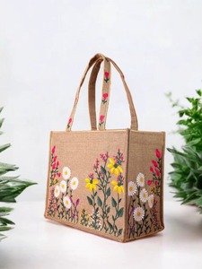 Best Selling Jute Carry Bags with Beautiful Handles and Embroidery Work Floral Design for Women Daily Use Available for Sale - Product Image 5