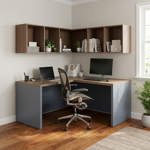Bureau de direction moderne en forme de L avec armoire d'angle murale, étagères de rangement ouvertes, bicolore gris et chêne naturel, poste de travail - Product Image 4