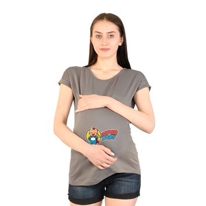 Camiseta de Manga Corta para Mujer, Color Gris, con Estampado de Dibujos Animados de Bebés, Cuello Redondo, Estilo Casual, Corte Regular, 100% Algodón, Transpirable - Product Image 1