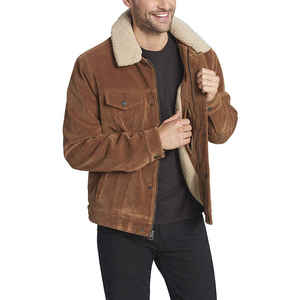 Blouson bomber en cuir véritable marron doublé en sherpa, fermeture éclair, vêtement d'extérieur d'hiver, style moto décontracté - Product Image 6