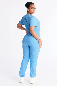 Ensemble de blouses et pantalons bleu clair pour femmes, col en V, uniforme d'hôpital, tissu polyester tissé - Product Image 2