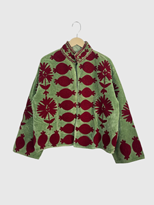 Veste en velours vert brodée à col mandarin, manches longues, motif floral, grande taille, vêtements d'automne pour femmes - Product Image 1