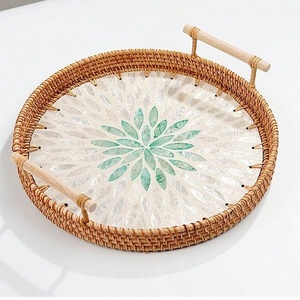 Eco-friendly Handmade Arabic Style Rattan Serving & Storage Tray with Round <b>Handle</b> Floral Pattern 12 Inch Kitchen Home Table Use - Product Image 1