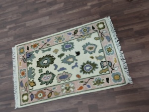 Premium Antique Handmade Woolen Oushak <b>Rug</b>, Pink Luxury Soft Pastel Floral Traditional Oriental <b>Large</b> Floor Carpet - Product Image 2