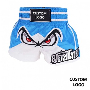 Shorts de Muay Thai pour hommes, bleu et blanc, en satin, mi-élastiques, séchage rapide, écologiques, unisexe, logo personnalisé sur le devant - Product Image 1