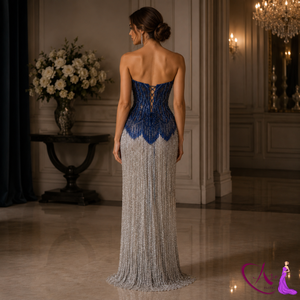 Maison Lusso Navy Blue Strapless Beaded Evening Gown with High Slit & Built-in <b>Bra</b> | Premium Mesh Fabric for Formal Occasions - Product Image 6