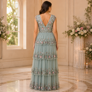 Luxury Sage Green Floral Embroidered Tiered Evening Gown for Women V Neck Sleeveless Party Dress Wedding Reception Maxi Dress - Product Image 4