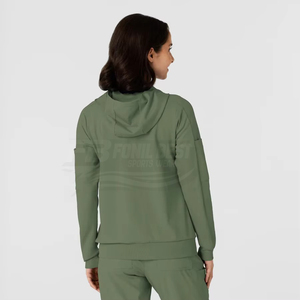 Uniforme Médico para Personal Sanitario: Blusa con Capucha Verde Oliva y Pantalones a Juego, Mezcla de Algodón, Tejido de Punto - Product Image 1