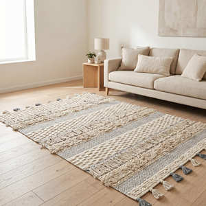 Tapis Bohème Géométrique Très Demandé, Tapis de Sol Bohème Tressé à la Main à Prix Abordable avec Franges, Tapis de Salon à Poils Moyens - Product Image 3