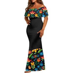 Robe longue mexicaine personnalisée à épaules dénudées, motif floral, style été, sans bretelles, avec manches plissées à volants - Product Image 2