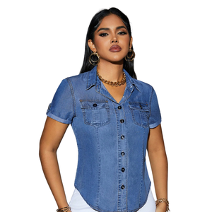Camisa vaquera de manga corta para mujer, con botones, corte ajustado, de algodón lavado, cuello vuelto, blusa de mezclilla, top de moda de verano para uso diario - Product Image 1