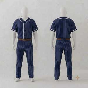 Ensemble de vêtements de sport pour hommes sur mesure, uniforme de baseball, maillot rayé bleu marine avec bordure blanche, pantalon rayé bleu marine, ceinture marron - Product Image 1
