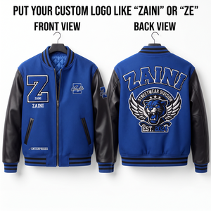 Premium 300 GSM Polyester Windproof Bomber <b>Jacket</b> Blue Black Faux <b>Leather</b> Sleeves Varsity Panels Custom Embroidered Logo Unisex - Product Image 1