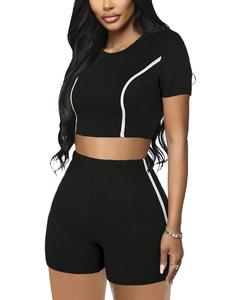 <b>Women</b> High Waist Solid Color <b>Short</b> Sleeve Crop Top And <b>Shorts</b> Set Quick Dry Spandex Polyester Summer Leisure Wear - Product Image 4