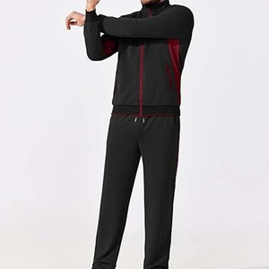 Survêtement Homme Noir et Rouge à Manches Longues, Col Roulé Zippé, Coupe Sportive Classique, Respirant, pour l'Automne, Couleur Unie, Poches Latérales - Product Image 5