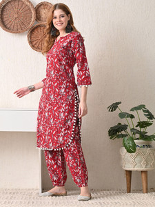Kurta en coton imprimé floral rouge pour femme, manches pompons, style ethnique, longueur midi, coupe classique, tenue décontractée, Inde Pakistan, séchage rapide - Product Image 3