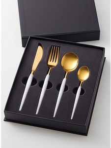 Juego de cubiertos dorados con mango de cerámica blanca, diseño moderno, apto para lavavajillas, para bodas y uso en la mesa. - Product Image 6