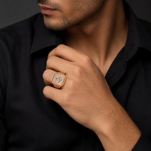 Bague Homme en Or Rose 18K avec Diamants Pavés et Symbole Om, Design Rectangulaire, Bijou de Luxe Religieux, Idéal pour Mariage, Fête, Quotidien, Cadeau - Product Image 5