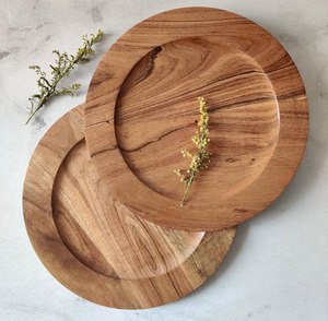 Cadeaux de Noël, plateau de service en bois naturel, forme ronde avec incrustation de points dorés en laiton, assiettes de service imbriquées, articles pour la maison - Product Image 2