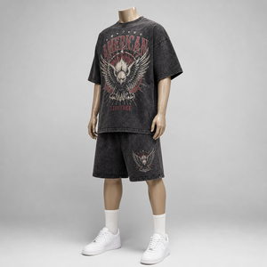 Mens Casual <b>Knitted</b> Acid Wash Oversized T-Shirt and Shorts <b>Set</b> Eagle Screen Print Loose Fit American Streetwear Two-Piece Outfit - Product Image 4