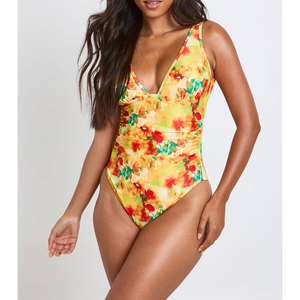 Maillot de bain une pièce imprimé floral pour femme, col en V profond, froncé, coupe haute, grande taille, extensible, tricoté, pour la plage - Product Image 1