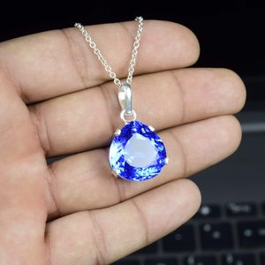 Pendentif solitaire vintage en argent 925 avec saphir en forme de goutte d'eau, serti clos, breloque en pierre naturelle pour femmes et hommes - Product Image 3