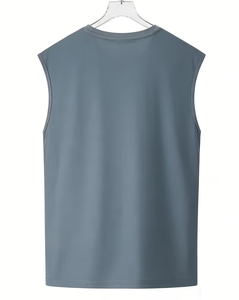Men's Customized Gray Sleeveless Tank Top O-Neck Solid Color Casual Breathable Knitted Polyester/Cotton Athletic Wear - Product Image 3