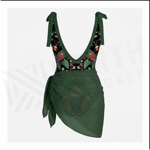 Women's Tropical Print Swimdress Deep V Neck Asymmetric Wrap Skirt Stretch Bodysuit Floral Pattern Green - Product Image 2