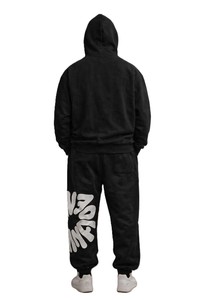 Unisex Black Cotton Tracksuit Set Hooded Sweatshirt and <b>Jogger</b> Pants with <b>White</b> Letter Print Streetwear Style Full Length Loose - Product Image 2