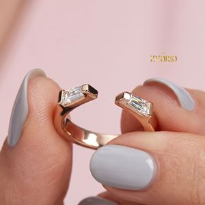 10K Gold Baguette Diamond <b>Open</b> <b>Ring</b> Modern Stackable Band Fine Jewelry for Women - Product Image 1