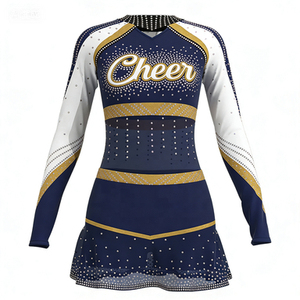 Uniforme de cheerleading pour femmes, bleu marine, or, strass, impression par sublimation, robe sans manches, taille adulte - Product Image 2