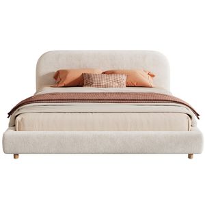 Letto King Size Imbottito con Tessuto Bouclé, Design Curvo, Testiera Spessa, Gambe in Legno Massello, Bianco - Product Image 6