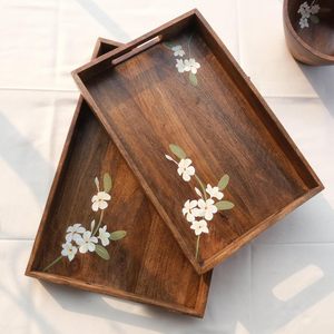 Ensemble de plateaux de service en bois d'acacia faits à la main avec incrustations florales, plateau rectangulaire en bois pour le petit-déjeuner, plateau décoratif pour ottoman et café - Product Image 1