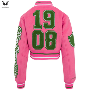 2026 Hot Sale New Arrival Pink Green Embroidery Full Sleeve Turn-down Collar Short Length Autumn Wear For Women Varsity <b>Jackets</b> - Product Image 2