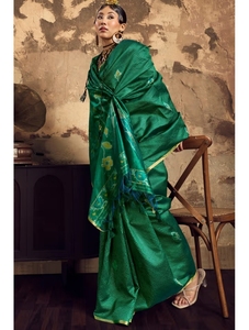KV Jungle Green Banarasi Handloom Silk & Cotton Traditional Party Wear <b>Saree</b> Hand Drawn Design Wrinkle-Free Unstitched <b>Blouse</b> - Product Image 3