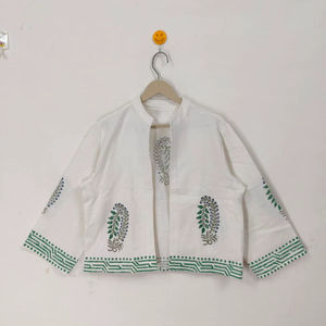 Chaqueta Floral Estampada a Mano, Chaqueta de Algodón con Flores Verdes, Abrigo Boho para Verano e Invierno - Product Image 1