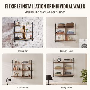 Mensola a 3 livelli in legno rustico con tubi industriali da parete 41,5x9,84 pollici per libreria e esposizione - Product Image 4