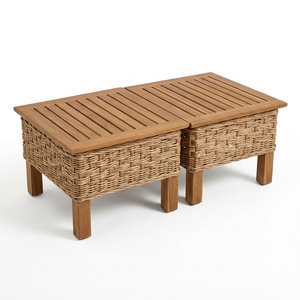 Nouvel ensemble de table à manger moderne et minimaliste en rotin, plateau en lattes de bois naturel, table de salle à manger carrée en osier épais pour patio et café - Product Image 1