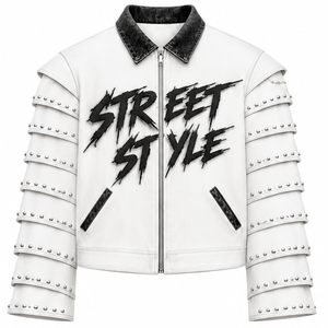 Custom White Studded Faux Leather <b>Jacket</b> Graphic Zip Up Street Wear Fashion Biker Outerwear For Unisex Winter Wear - Product Image 3