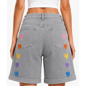 <b>Light</b> Gray <b>Rainbow</b> Heart Embroidered Women Denim Shorts High Waist Casual Loose Fit Rolled Hem Cotton Summer Fashion Jeans Short - Product Image 2