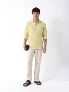 Men's Yellow Plaid Cotton Casual Shirt Turn-<b>down</b> Collar Three Quarter Sleeve Breathable Summer Wear - Product Image 2