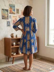 Robe midi bohème à imprimé animalier 100% coton avec col ras du cou et manches longues, coupe trapèze, ajustement régulier, décontractée pour l'été, ODM - Product Image 2